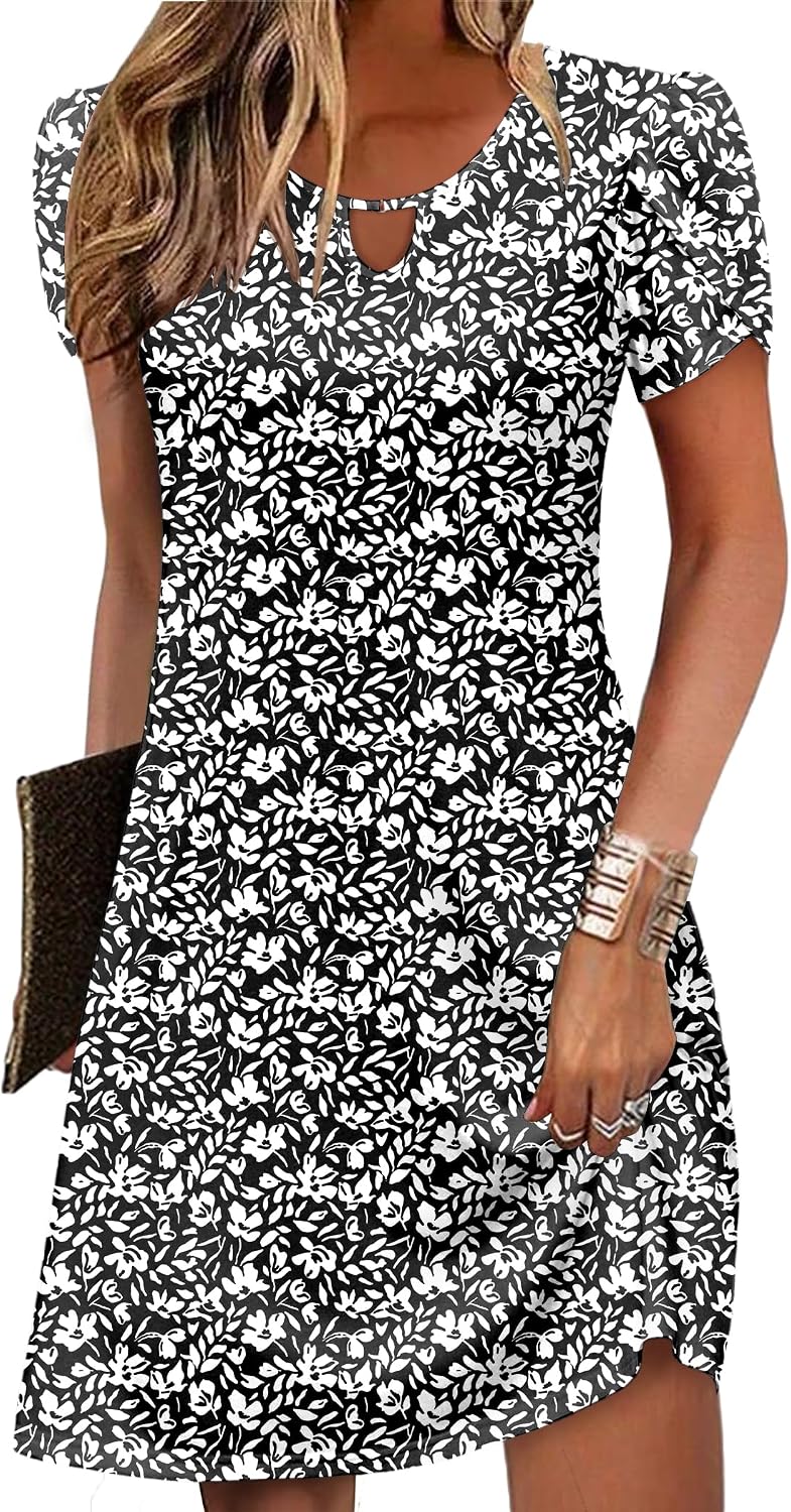 Casual A-Line Floral Short Sleeve T-Shirt Mini Flowy Sundress with Pockets