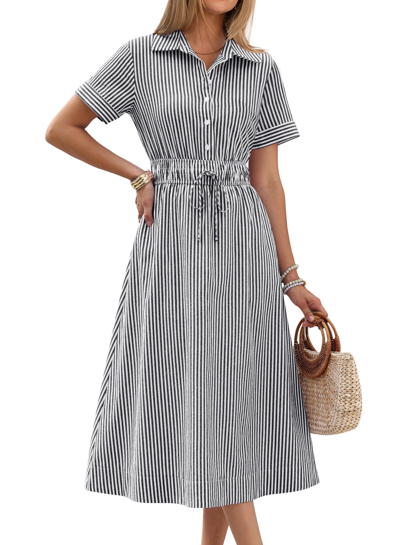 Women Summer Short Sleeve Striped & Gingham Casual A-Line Button Collar