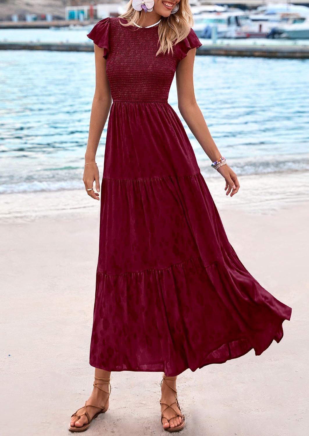 Summer Floral Cap Sleeve Smocked A Line Long Elegant Midi Wedding Guest Dress
