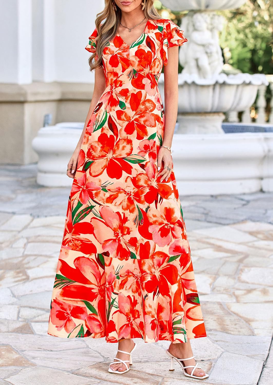 Women's 2026 Summer Boho Floral Ruffle Flowy Maxi Dress for Cocktail Beach Spring Wedding Guest