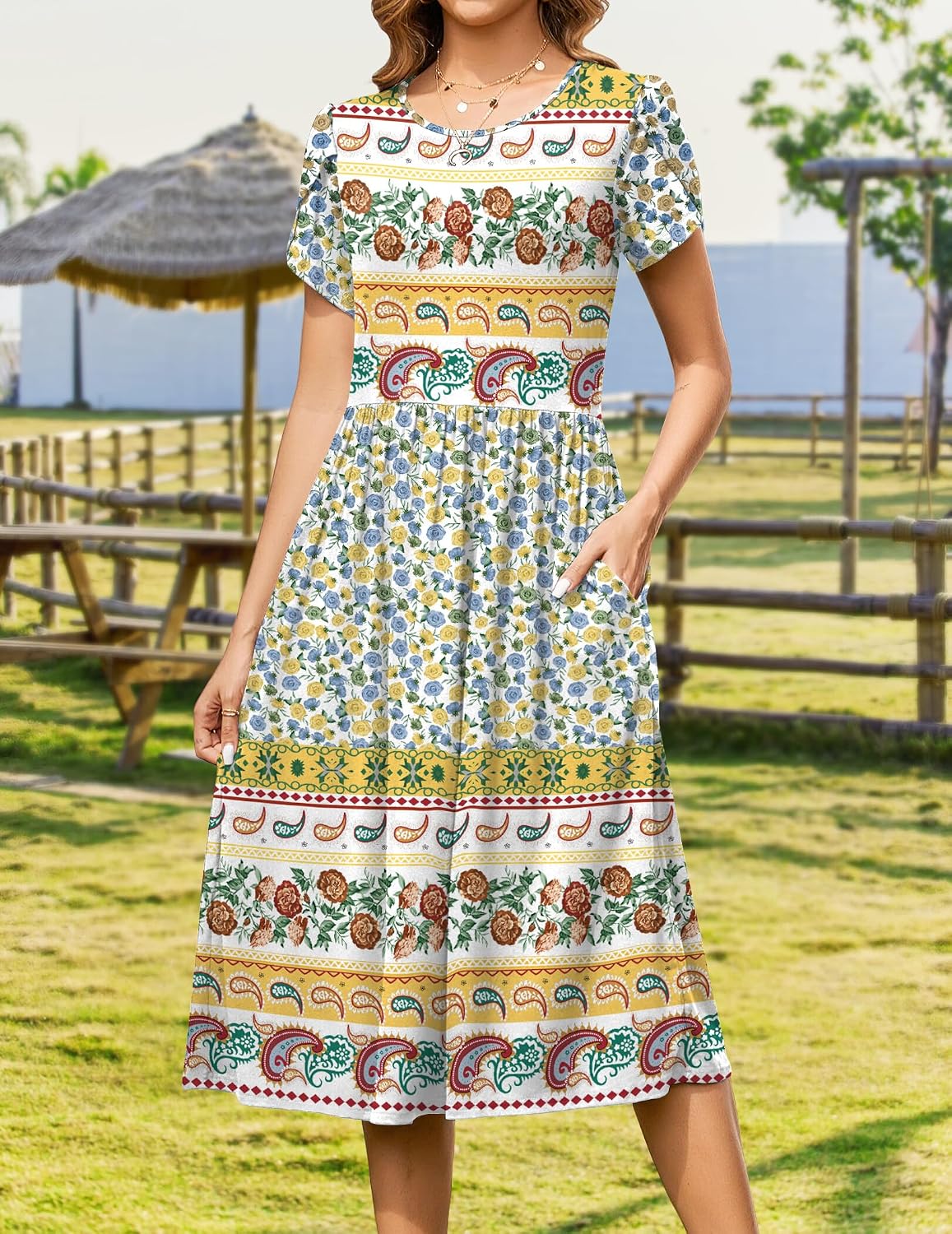 Women's Summer Casual A-Line Midi Short Sleeve Floral T-Shirt y Beach Sundress with Pockets