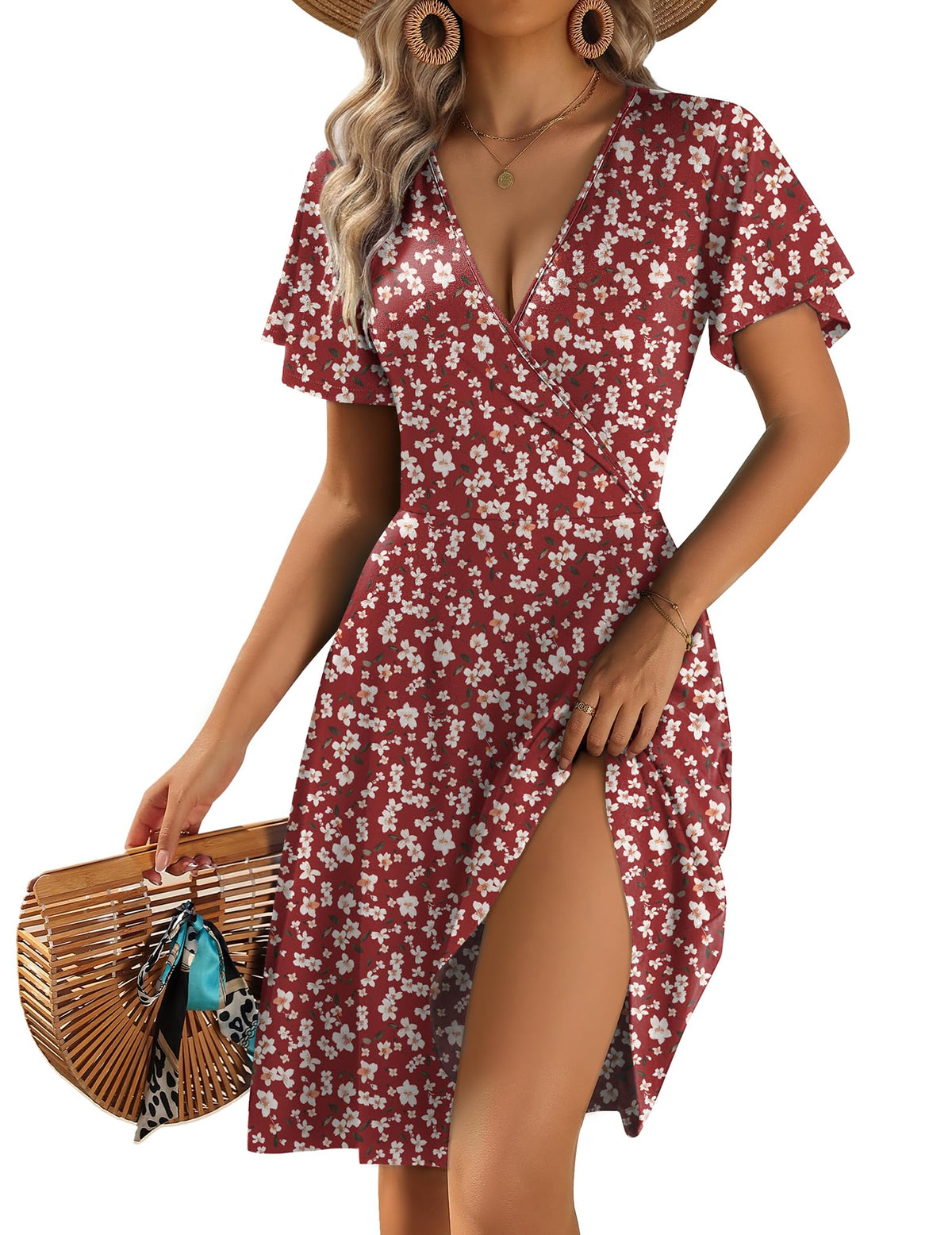 Women's 2026 Summer Wrap V Neck Floral A-Line Ruffle Sleeve Casual Sundress with Pockets