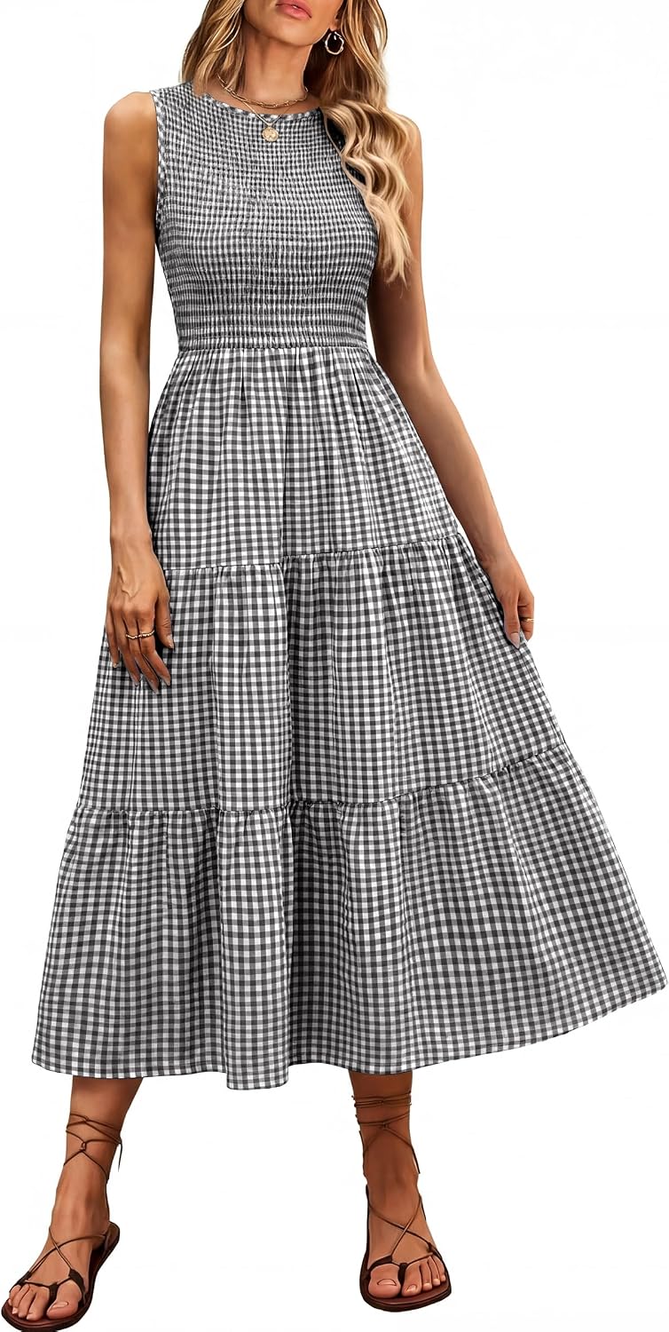 Women's Summer Sleeveless Crewneck Smocked Plaid Tiered Boho A-Line Maxi Beach Sundress