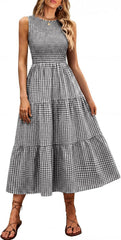 Women's Summer Sleeveless Crewneck Smocked Plaid Tiered Boho A-Line Maxi Beach Sundress