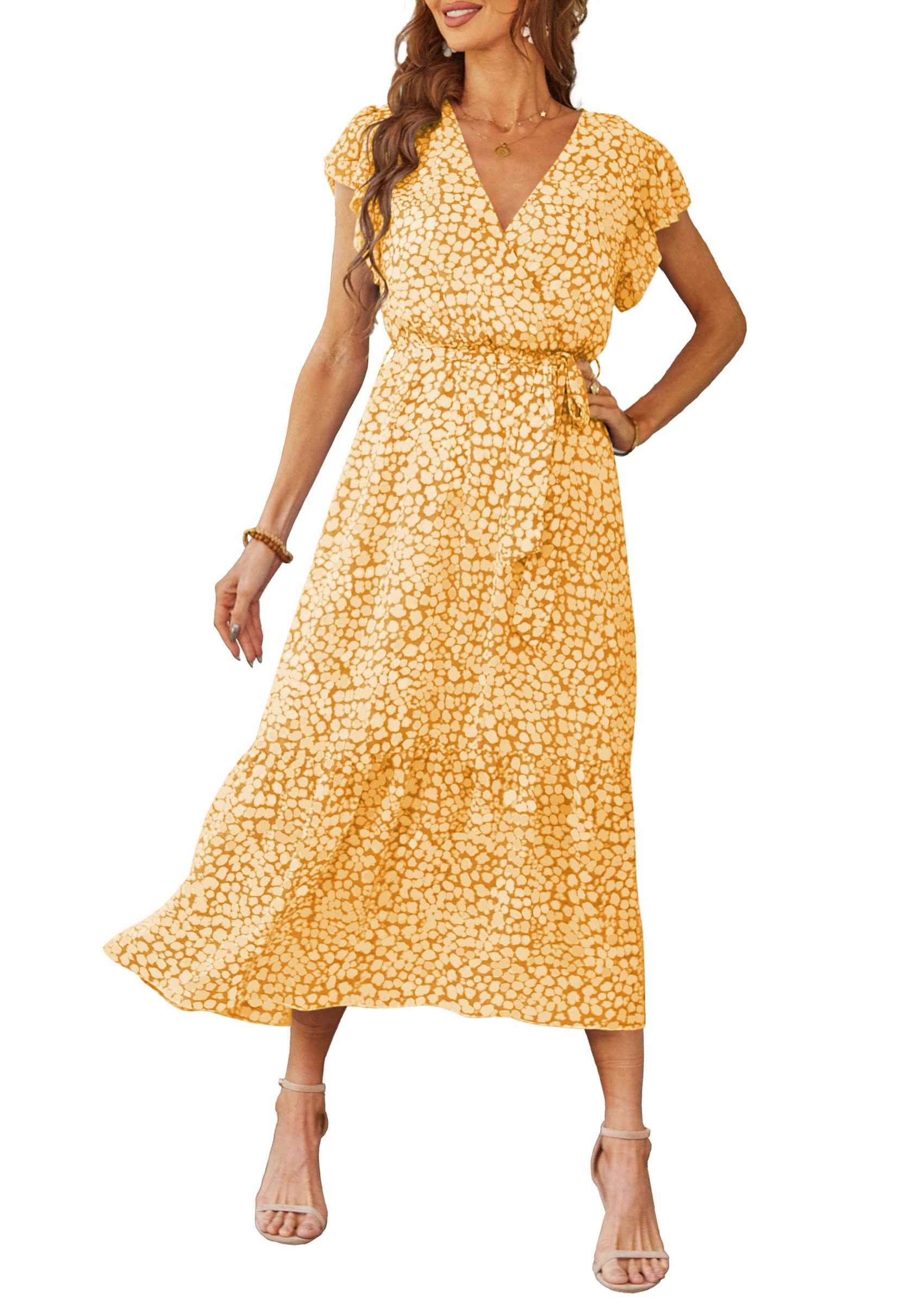 Women's Summer Floral  Short Sleeve Wrap V-Neck Ruffle Long Wedding Guest Maxi Dress