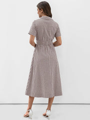 Women Summer Short Sleeve Striped & Gingham Casual A-Line Button Collar