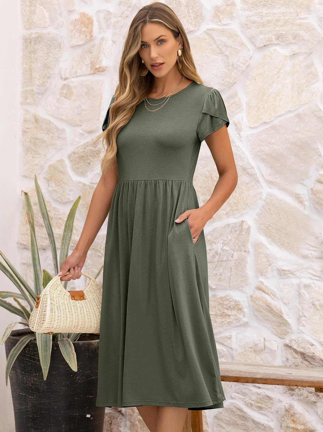 Women's Summer Short Sleeve A-Line Midi Floral T-Shirt Casual Beach Sundress with Pockets