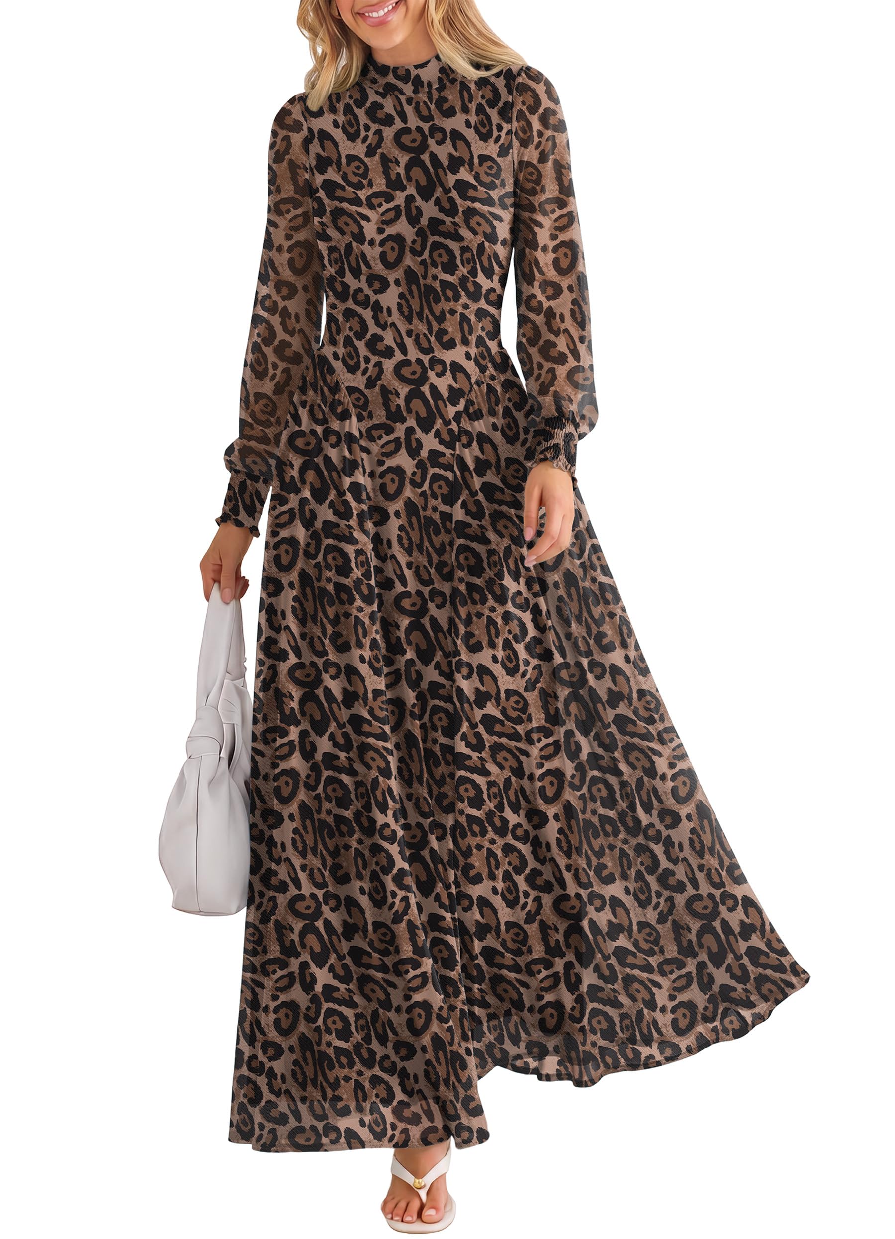 Women's Long Sleeve Mock Neck Drop Waist A-Line Floral Soft Lightweight Mesh