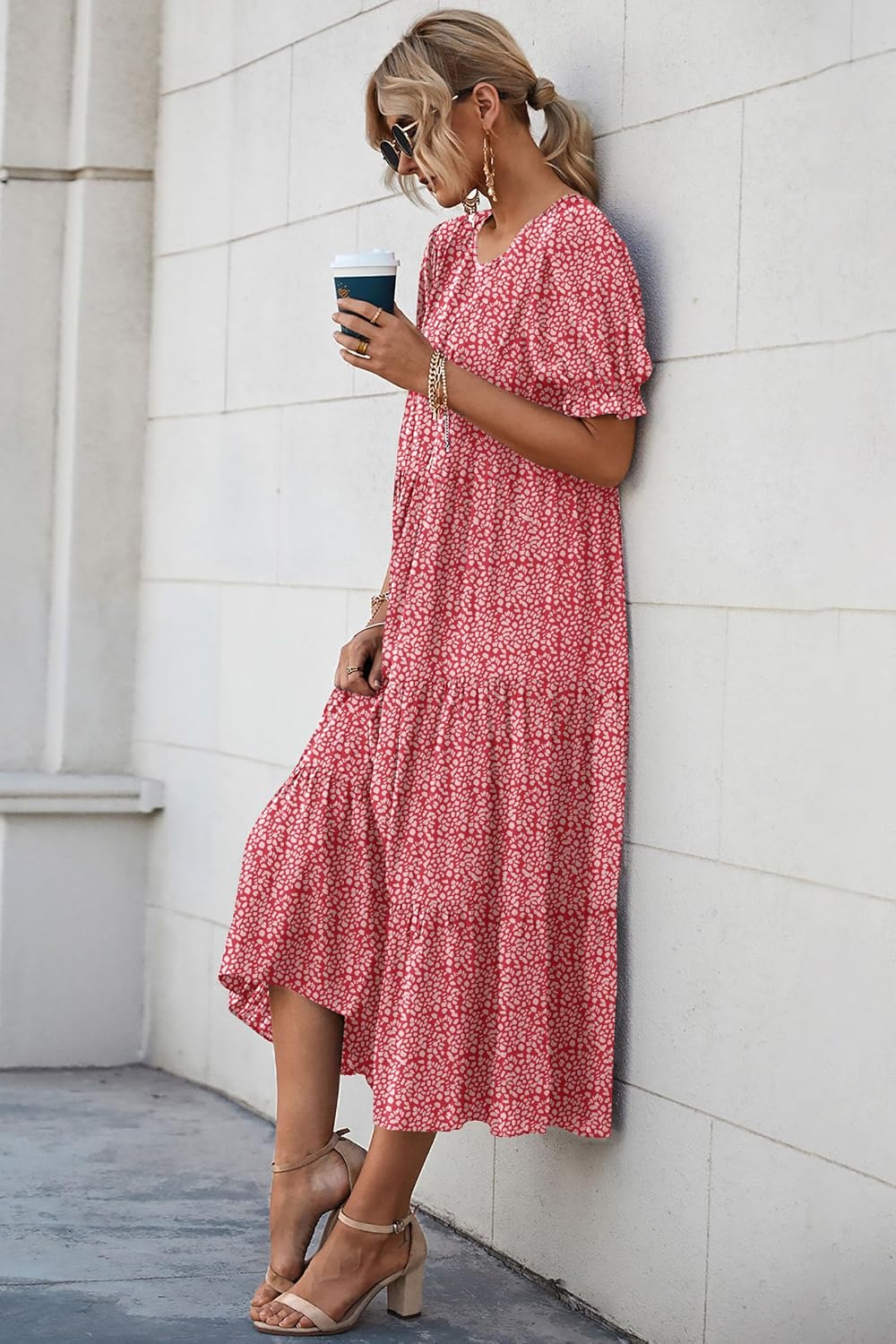 Women's  Summer Casual Floral Boho Midi Puff Short Sleeve Flowy Beach Vacation Sun Dress