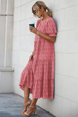 Summer Casual Floral Boho Puff Short Sleeve Flowy Midi Beach Vacation Sun Dress