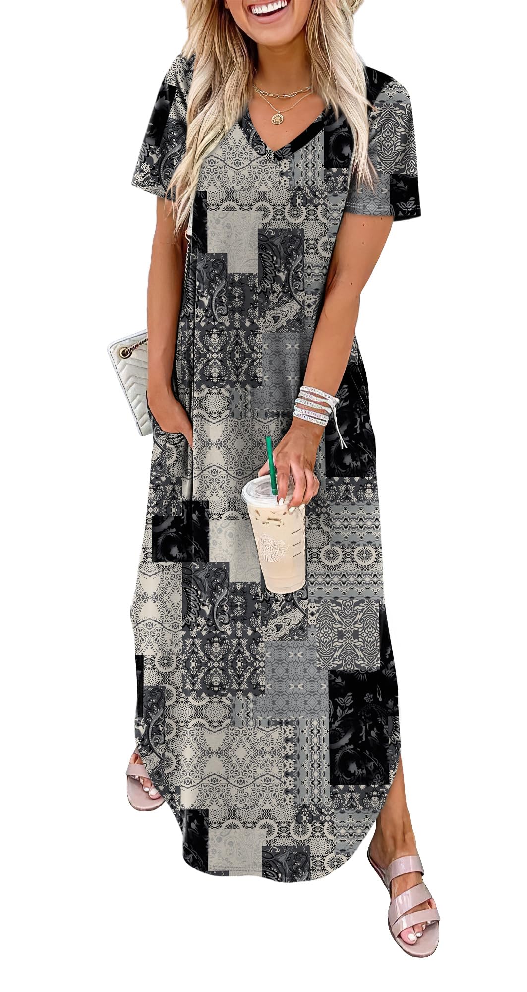 Women's 2026 Summer Short Sleeve Maxi Dress with Pockets for Vacation Beach Sundress