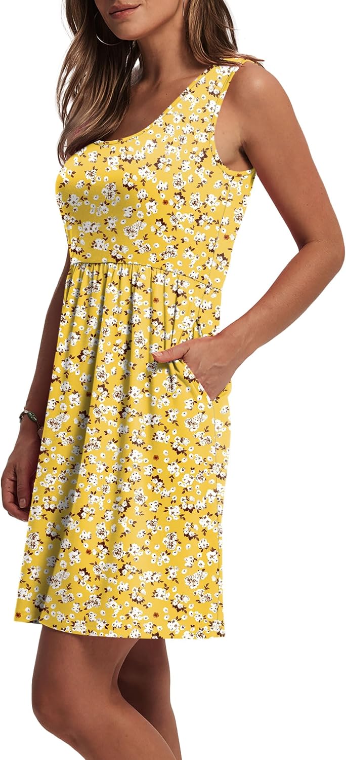 Summer A-Line Sleeveless Casual Floral/Solid Sundress with Pockets