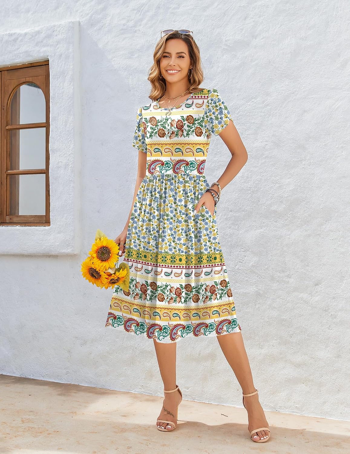 Women's Summer Casual A-Line Midi Short Sleeve Floral T-Shirt y Beach Sundress with Pockets