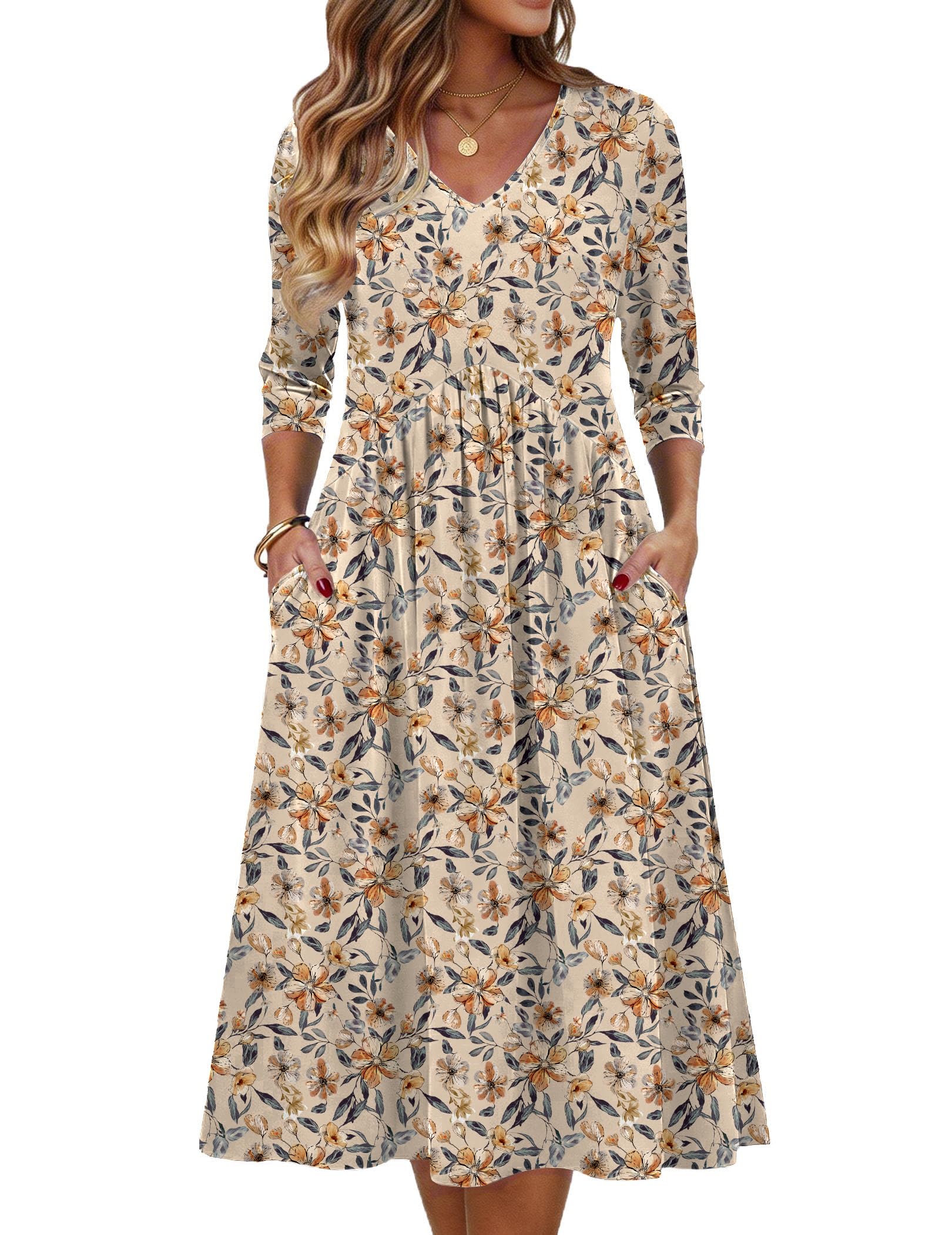 Summer 3/4 Sleeve Women's Casual Midi Tshirt Semi-Formal Sundress with Pockets