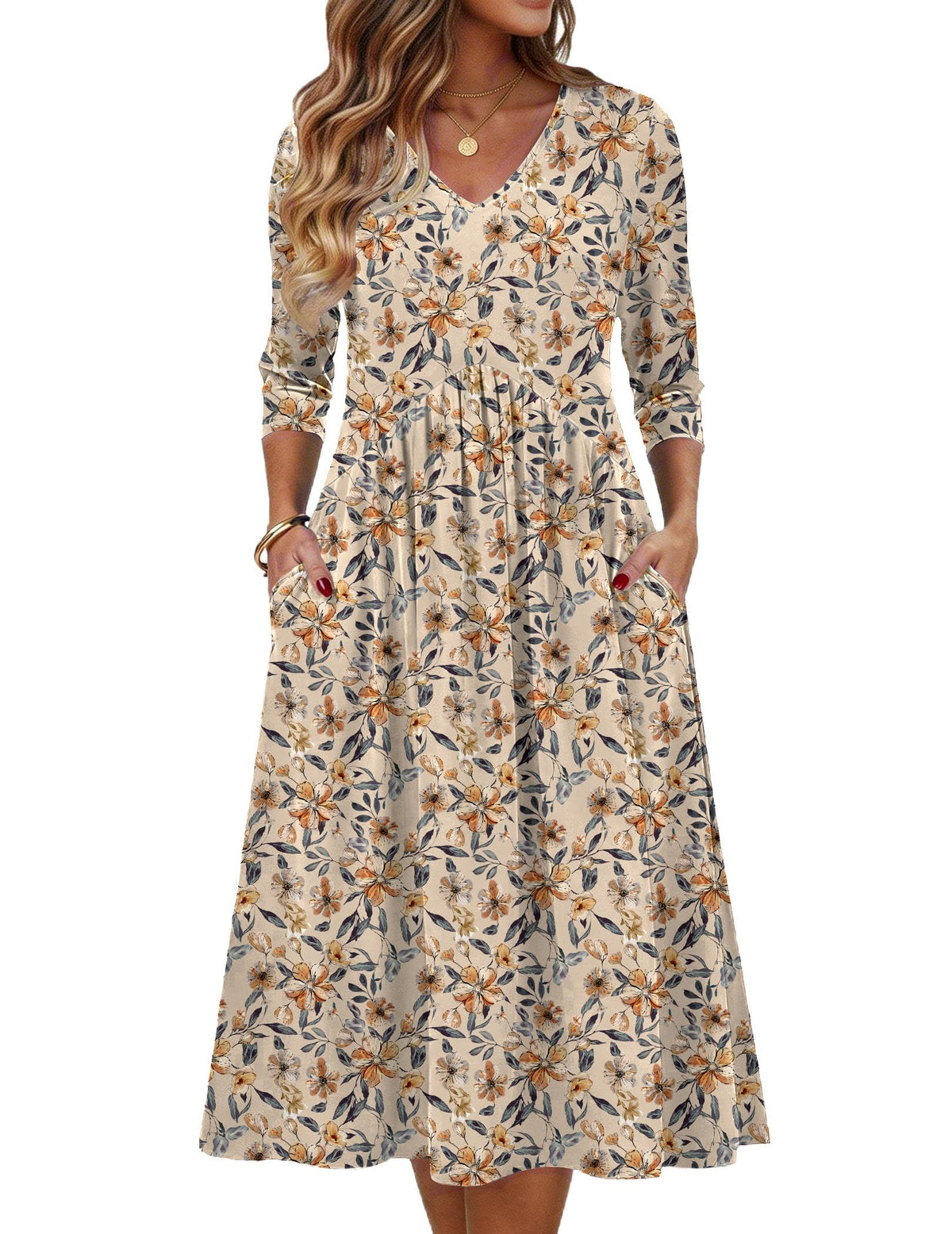 Summer 3/4 Sleeve Women's Casual Midi Tshirt Semi-Formal Sundress with Pockets