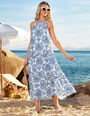 Boho Summer Beach Sundress with Tiered Ruffle Skirt