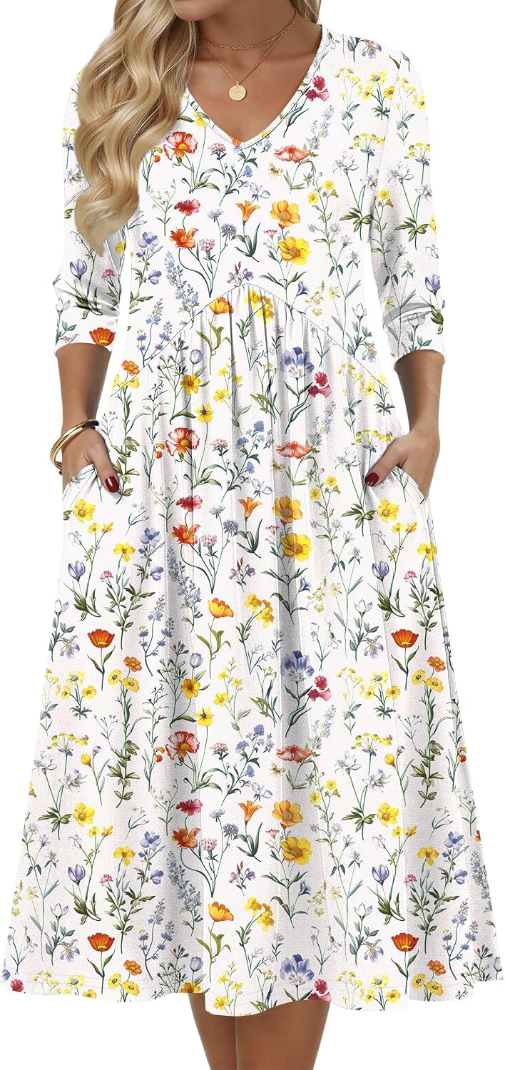 Summer 3/4 Sleeve Women's Casual Midi Tshirt Semi-Formal Sundress with Pockets