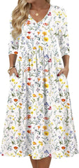 Summer 3/4 Sleeve Women's Casual Midi Tshirt Semi-Formal Sundress with Pockets