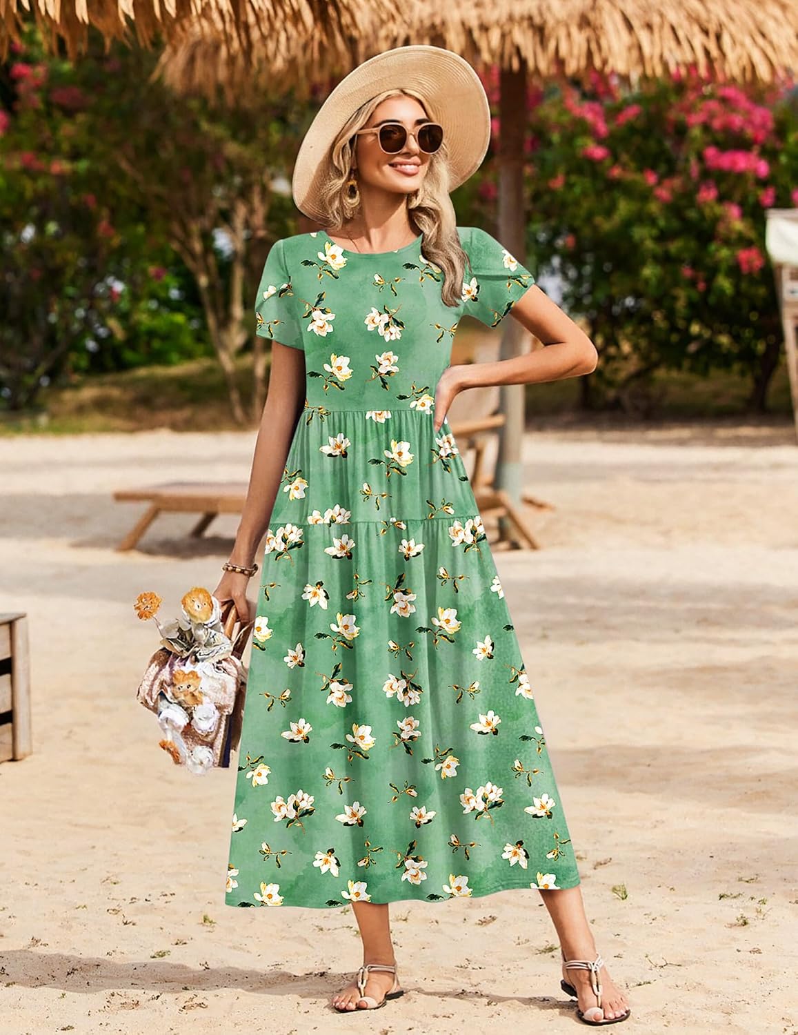 Summer Bohemian Floral Short Sleeve Casual Flowy Tired Maxi Beach Sundress for