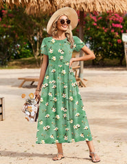 Summer Bohemian Floral Short Sleeve Casual Flowy Tired Maxi Beach Sundress for