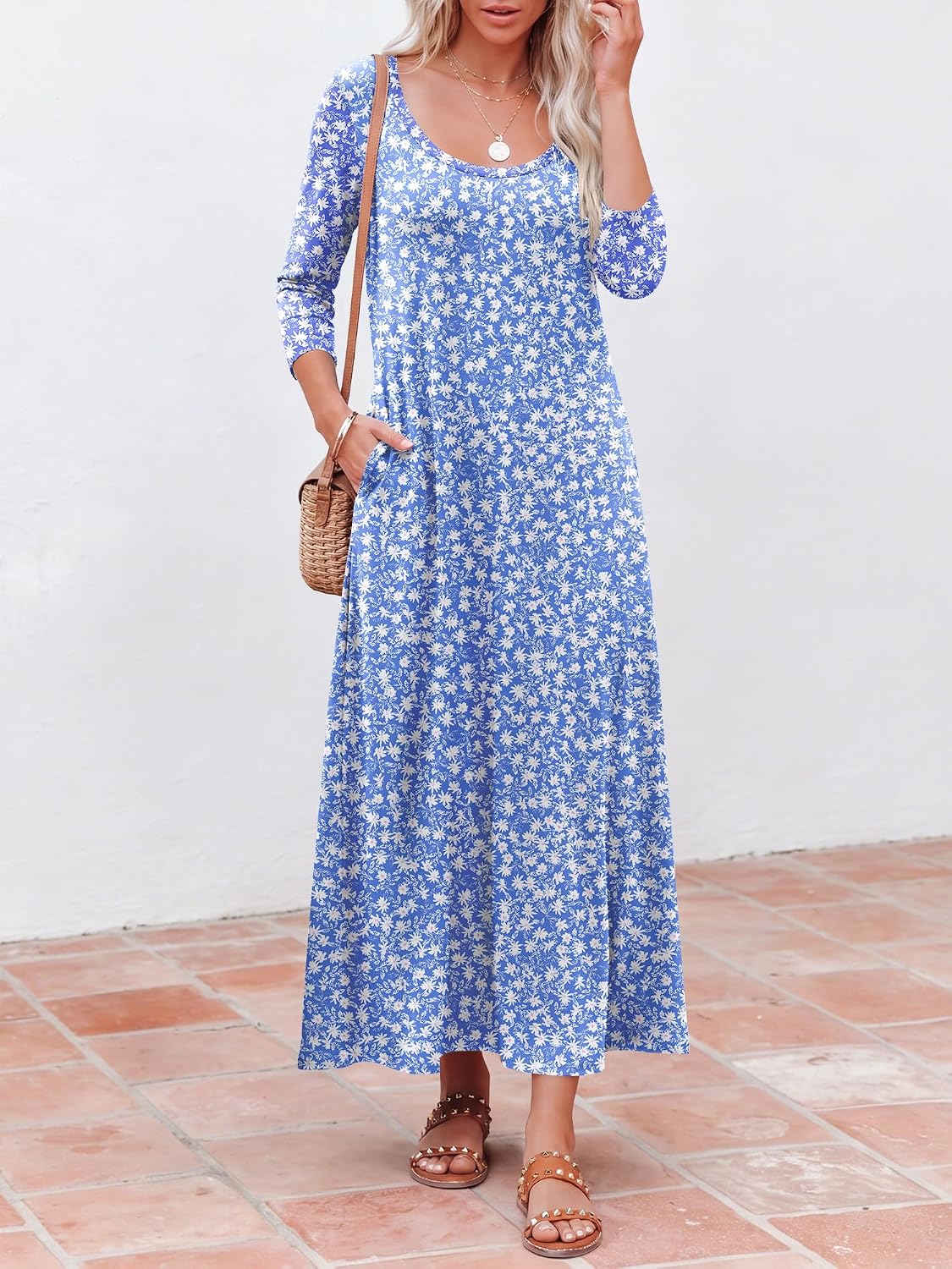 Women's 3/4 Sleeve Scoop Neck Dress with Pockets Soft Breathable for Travel Vacation Spring Transition