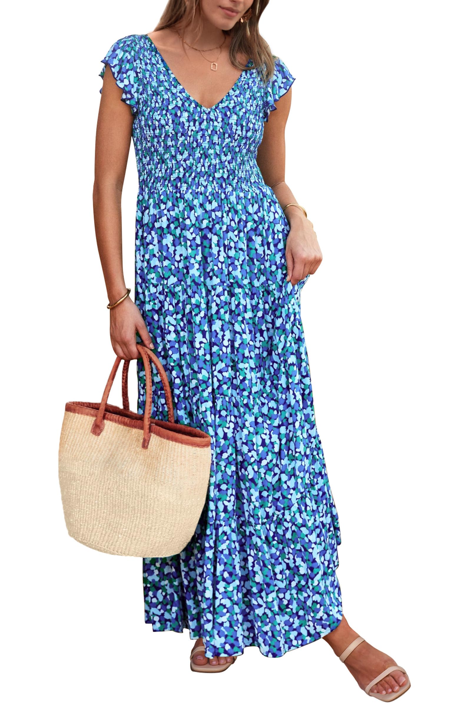Women's Summer  Sleeve  Smocked Beach Maxi Sundress