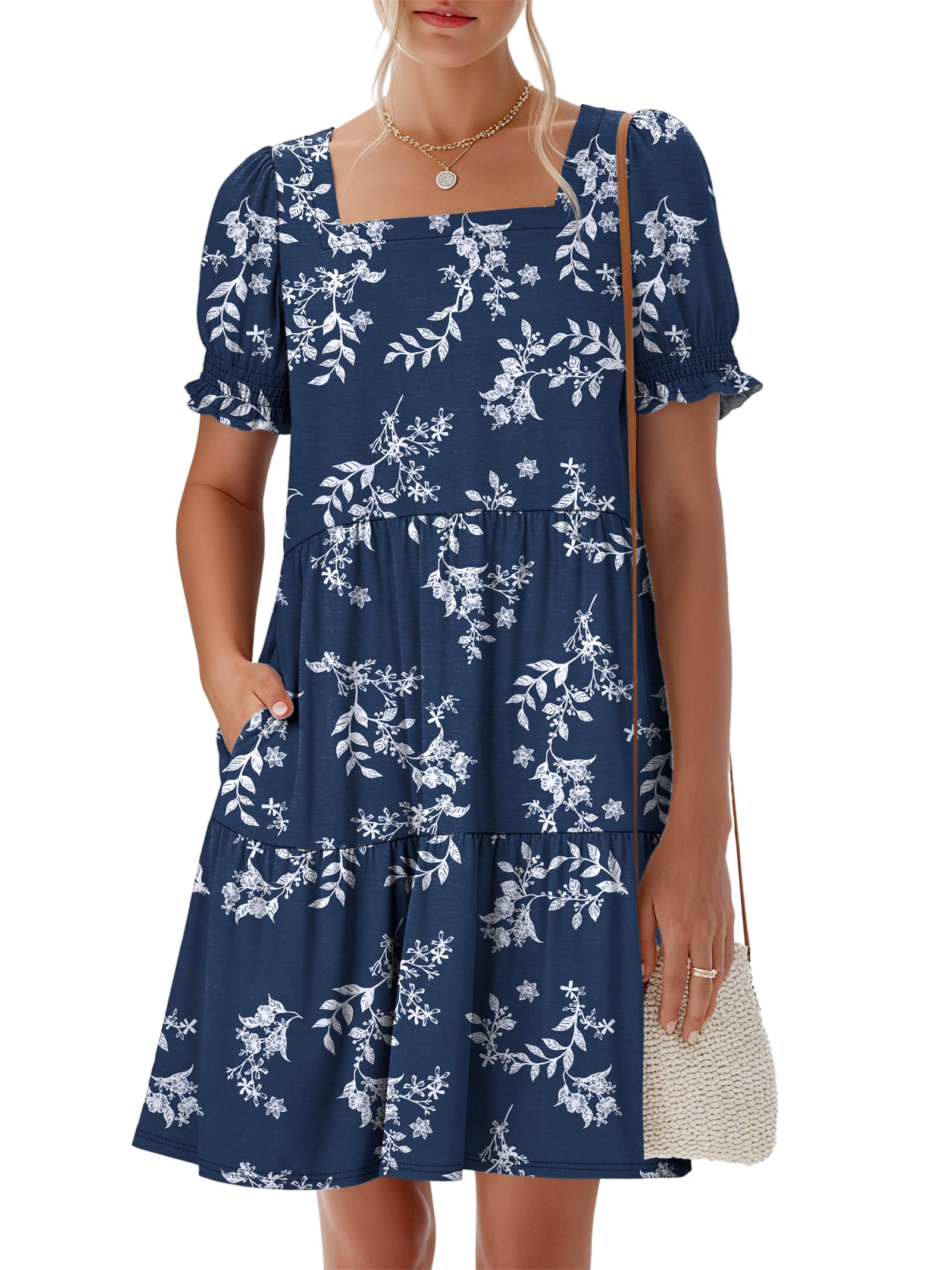 Women 2026 Summer Square Neck Puff Short Sleeve Casual Flowy Mini Sundress with Pockets for Beach Vacation