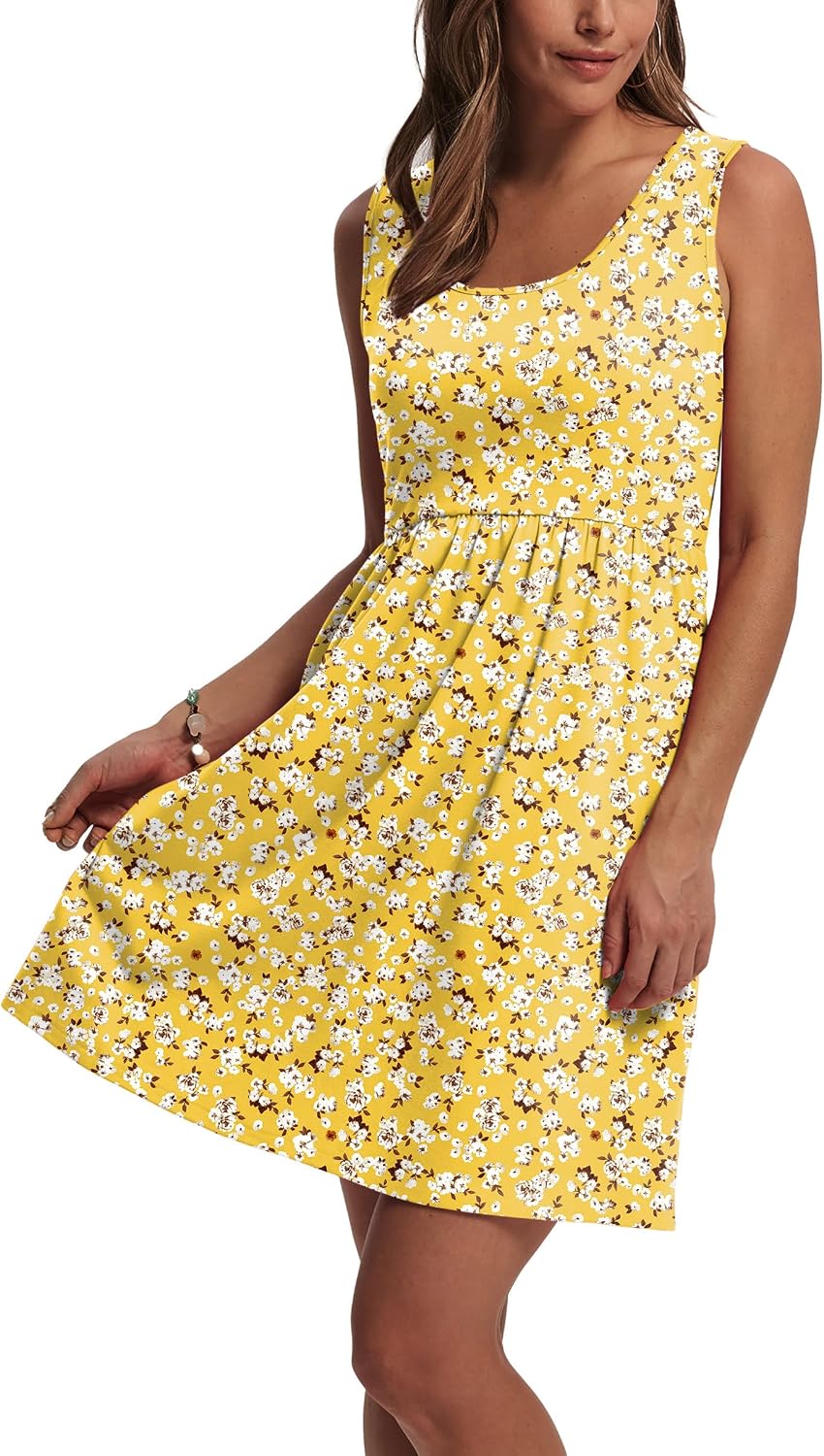 Summer A-Line Sleeveless Casual Floral/Solid Sundress with Pockets