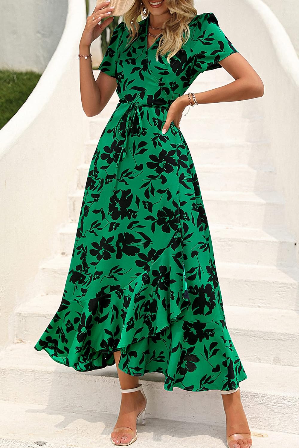 Women's Summer Short Sleeve  Floral Maxi Long Flowy Beach Vacation Wedding Guest Dress