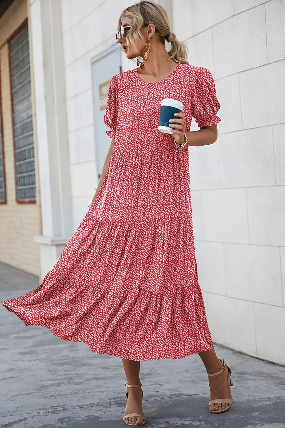 Summer Casual Floral Boho Puff Short Sleeve Flowy Midi Beach Vacation Sun Dress