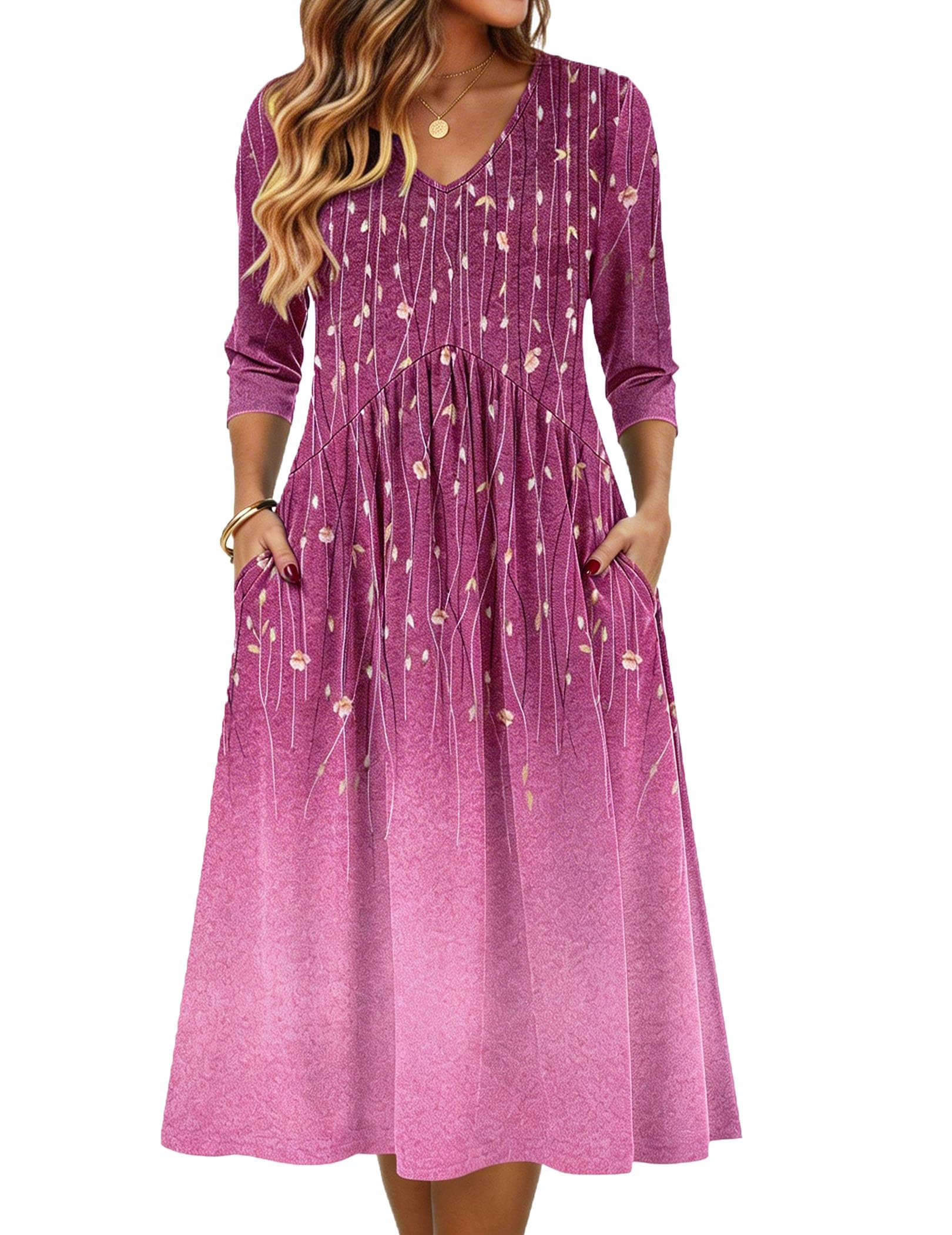Summer 3/4 Sleeve Women's Casual Midi Tshirt Semi-Formal Sundress with Pockets