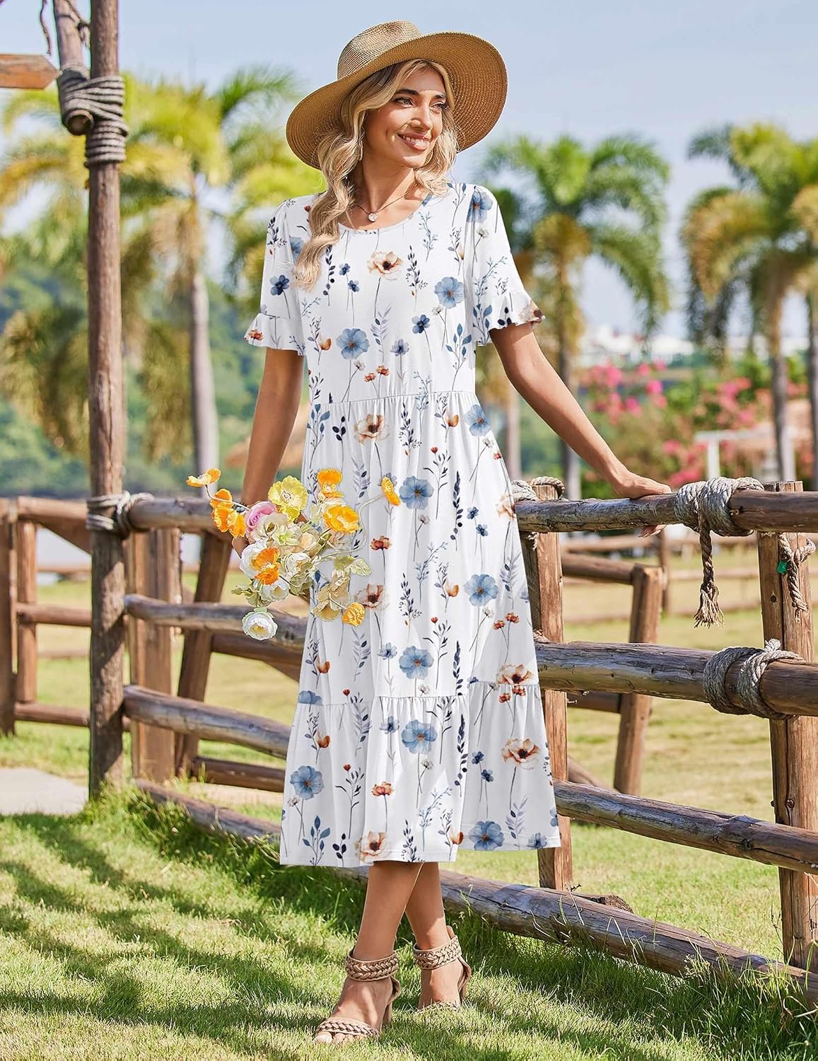 Womens 2026 Summer Casual Ruffle Short Sleeve Tiered A Line Boho Flowy Midi Sundress