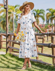 Womens 2026 Summer Casual Ruffle Short Sleeve Tiered A Line Boho Flowy Midi Sundress
