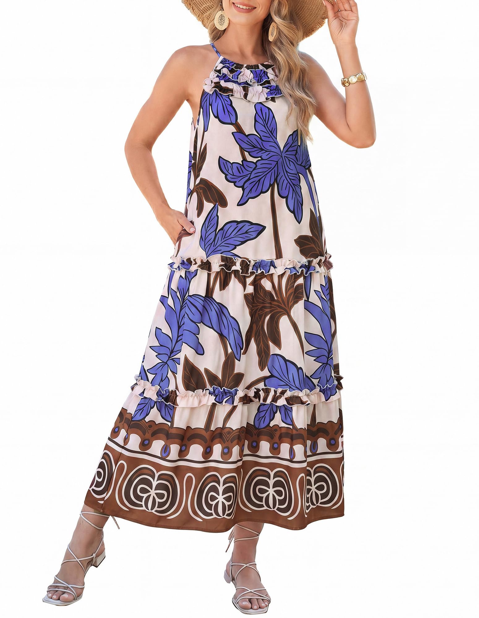 2026 Women's  Summer Floral Halter Maxi Beach Sundress with Tiered Ruffle Skirt