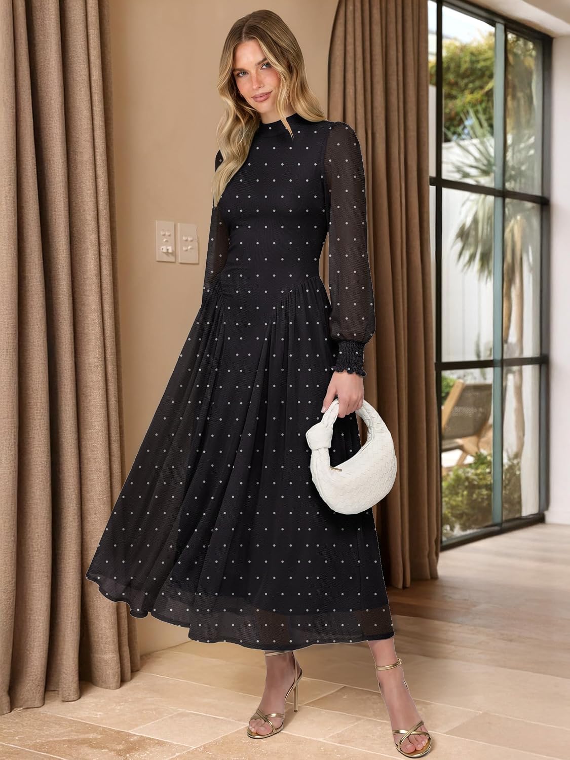 Women's Long Sleeve Mock Neck Drop Waist A-Line Floral Soft Lightweight Mesh