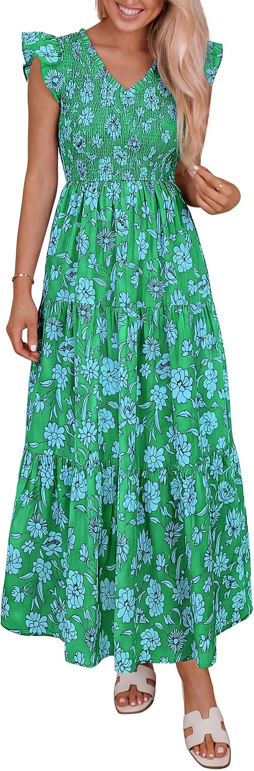 Women's 2026 Summer Boho Floral Smocked V Neck Ruffle Sleeve Flowy Maxi Beach