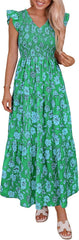 Women's 2026 Summer Boho Floral Smocked V Neck Ruffle Sleeve Flowy Maxi Beach