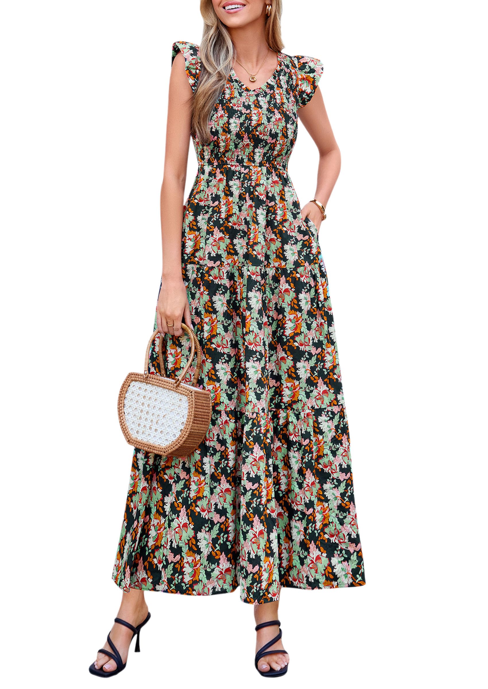 Women's 2026 Summer Boho Floral Smocked V Neck Ruffle Sleeve Flowy Maxi Beach