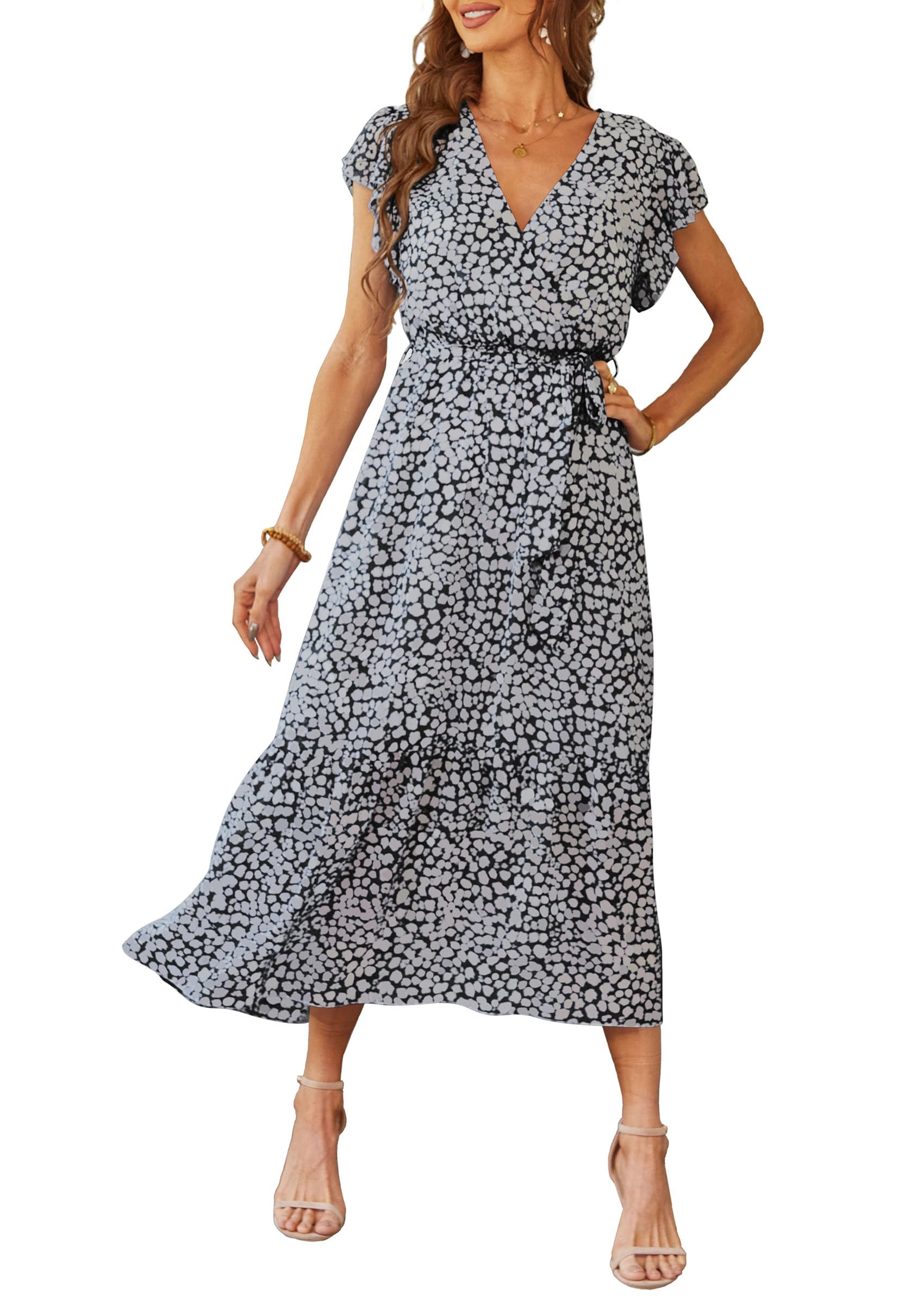Women's Summer Short Sleeve Wrap V Neck Floral Boho Maxi Ruffle Long Flowy