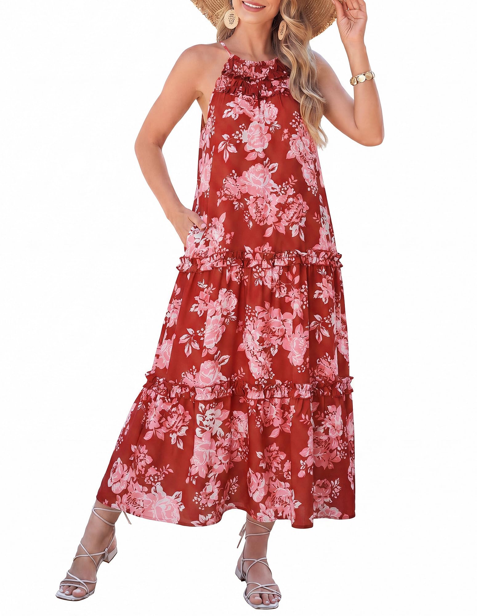 Boho Summer Beach Sundress with Tiered Ruffle Skirt