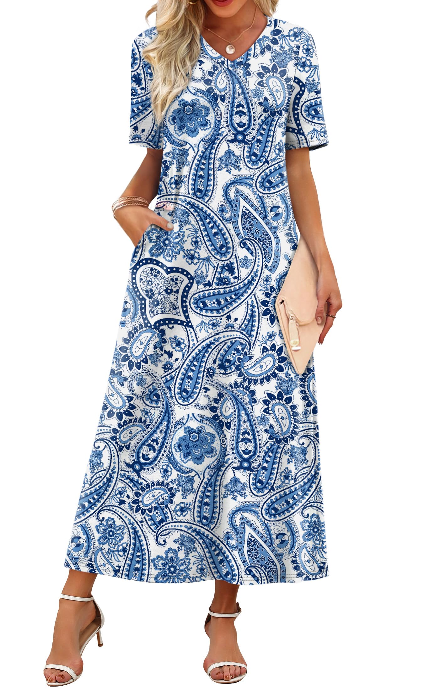 Women's V-Neck Floral Travel Summer Maxi Vacation Beach Sundress