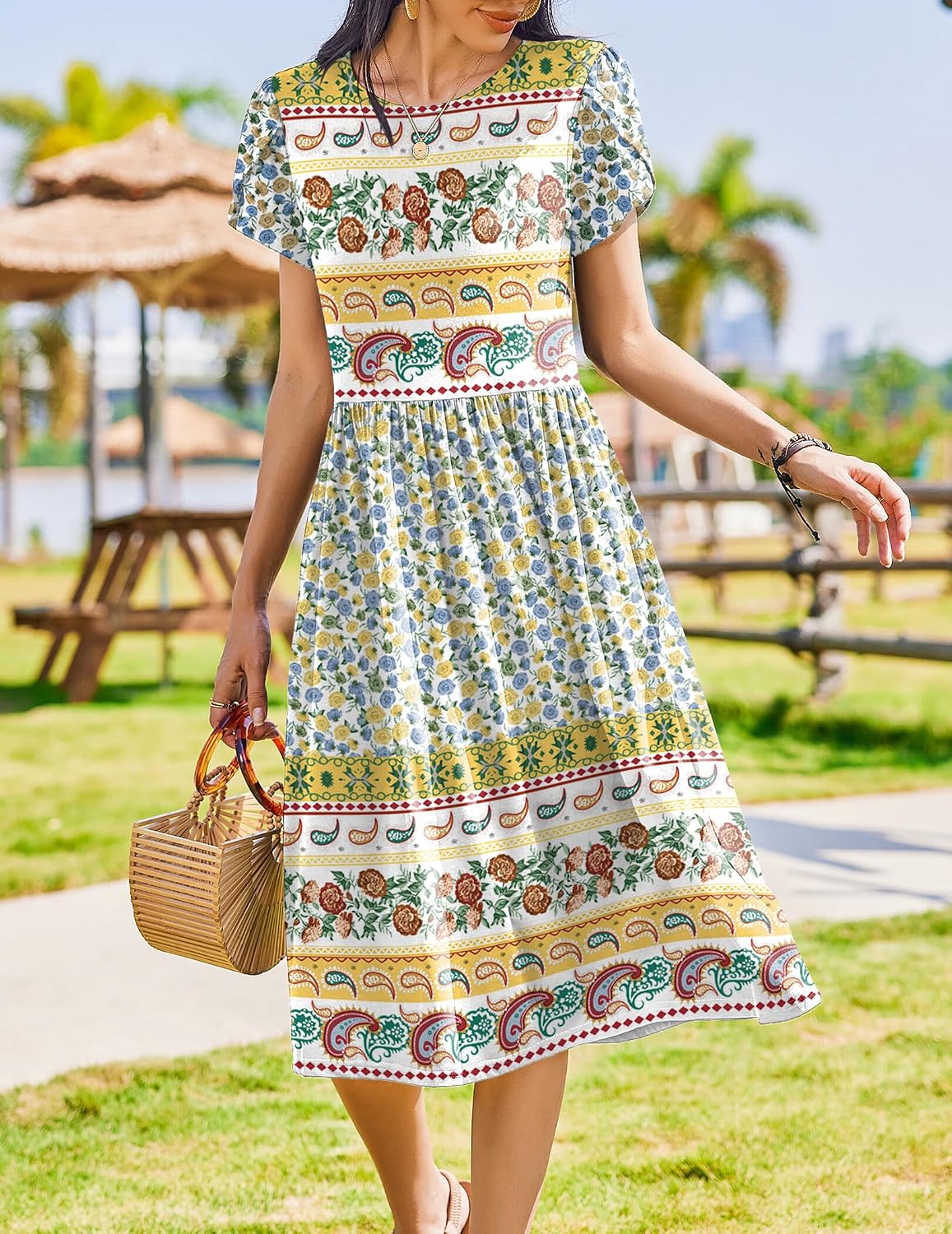 Women's Summer Casual A-Line Midi Short Sleeve Floral T-Shirt y Beach Sundress with Pockets