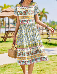 Women's Summer Short Sleeve Floral T-Shirt A-Line Casual Midi Dress with Pockets Flowy Beach Sundress