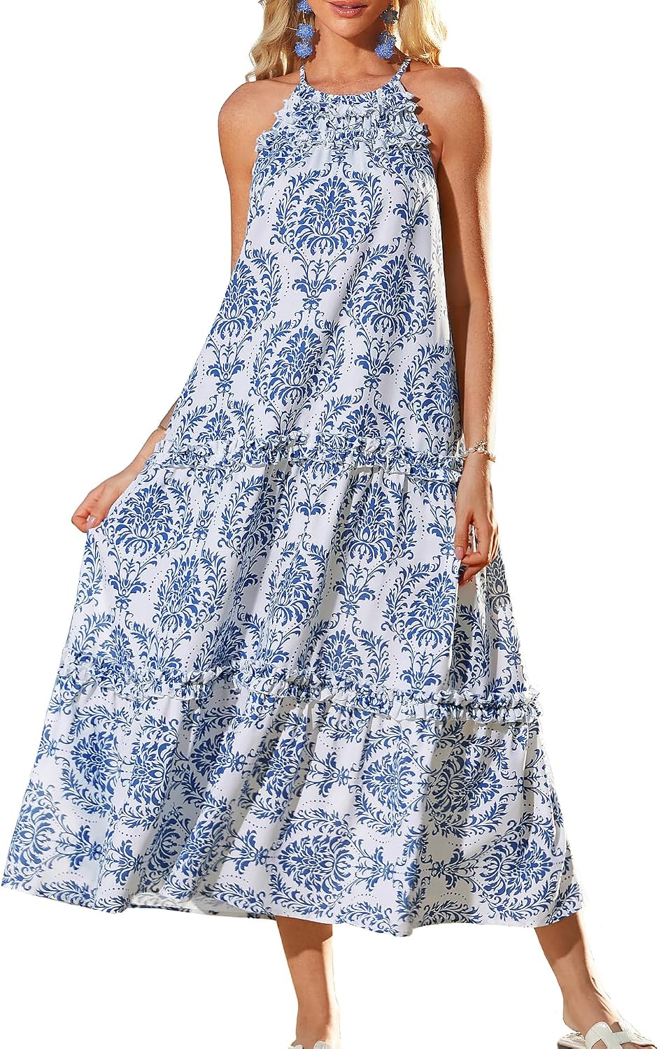 Boho Summer Beach Sundress with Tiered Ruffle Skirt
