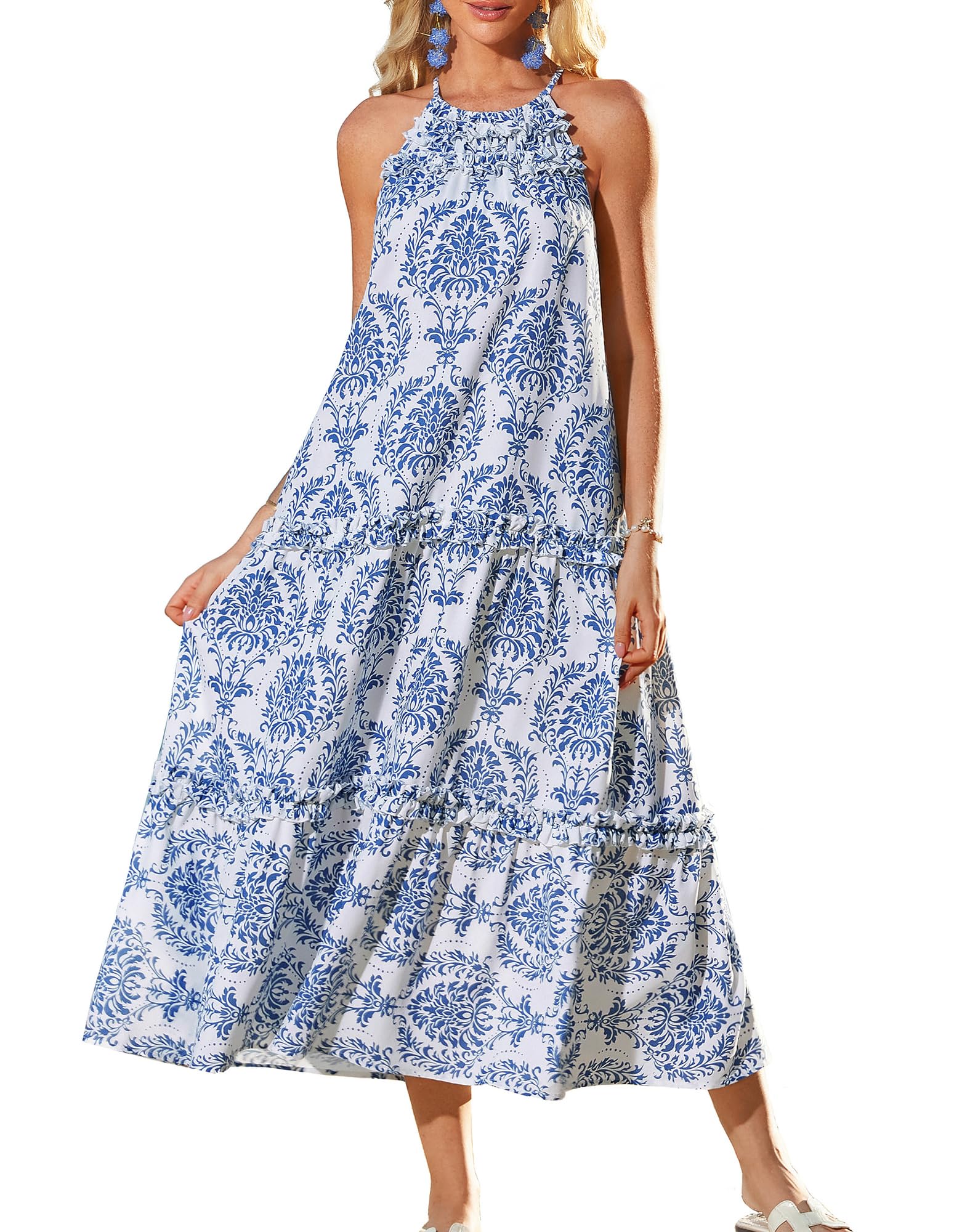 2026 Women's  Summer Floral Halter Maxi Beach Sundress with Tiered Ruffle Skirt