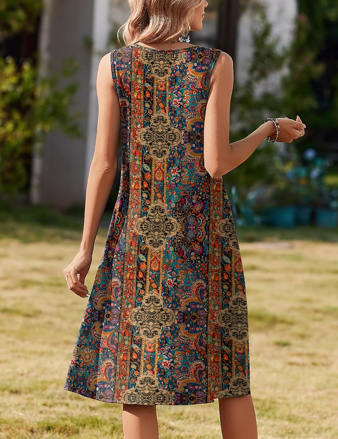 Summer Flowy Aline Casual Midi Tank Beach Boho Vacation Sundress with Pockets