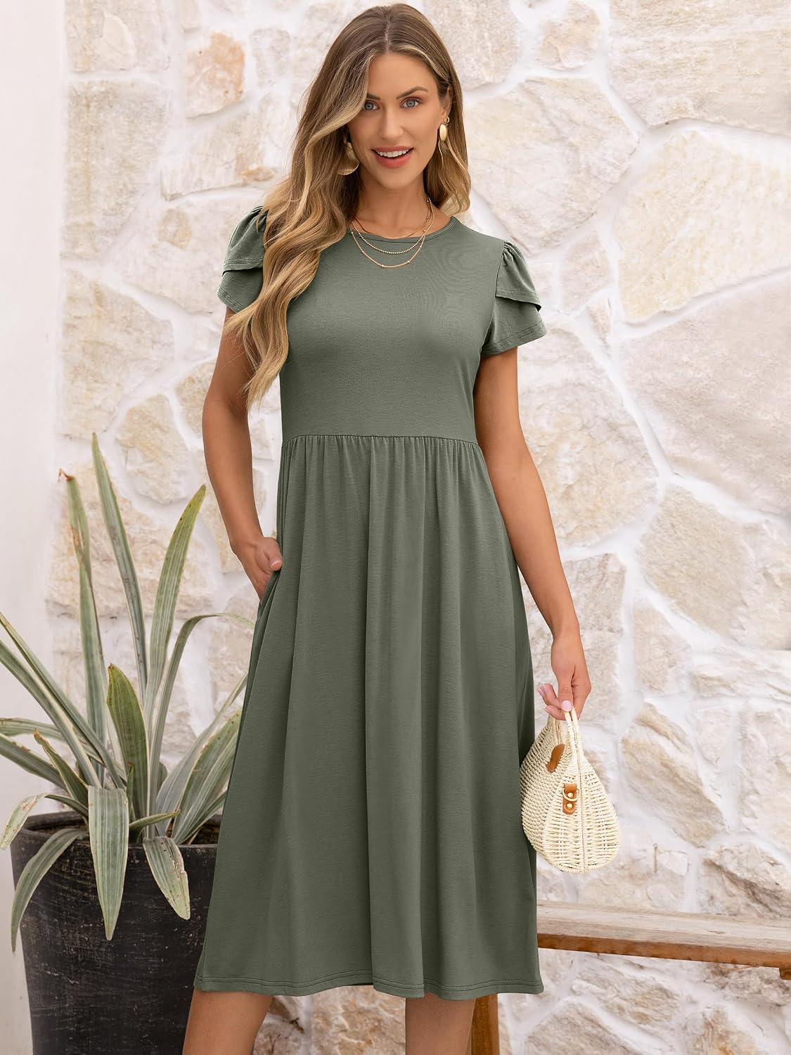 Women's Summer Short Sleeve A-Line Midi Floral T-Shirt Casual Beach Sundress with Pockets