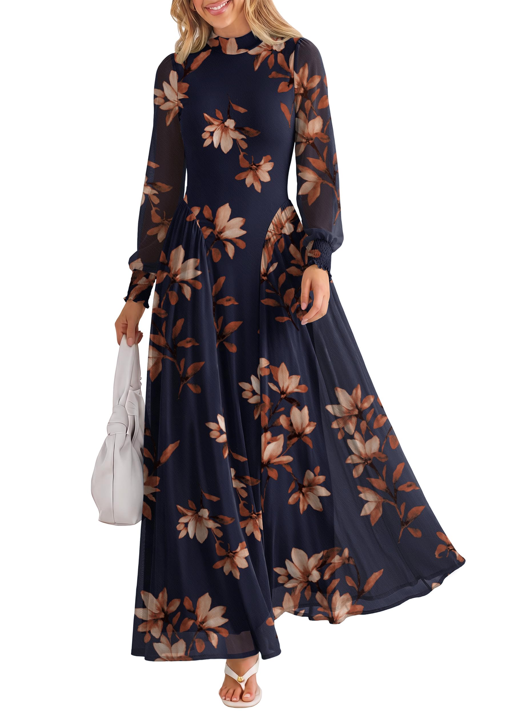 Women's Long Sleeve Mock Neck Drop Waist A-Line Floral Soft Lightweight Mesh