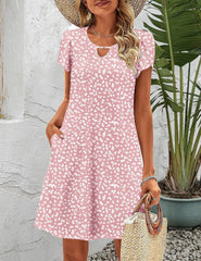 Casual A-Line Floral Short Sleeve T-Shirt Mini Flowy Sundress with Pockets