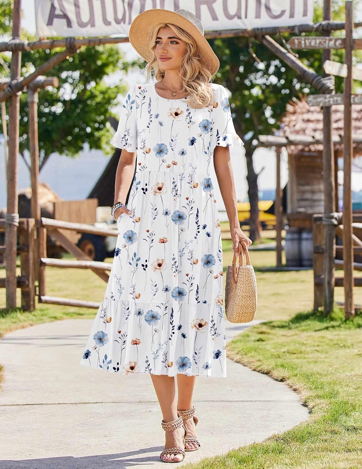 Womens 2026 Summer Casual Ruffle Short Sleeve Tiered A Line Boho Flowy Midi Sundress